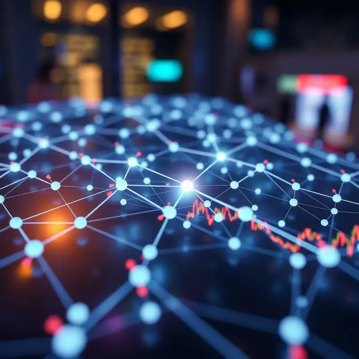 Illustration of blockchain network nodes representing Aave's decentralized lending protocol