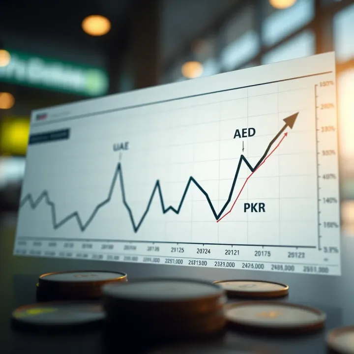 Graph showing trends in UAE Dirham to Pakistani Rupee exchange rate over recent months
