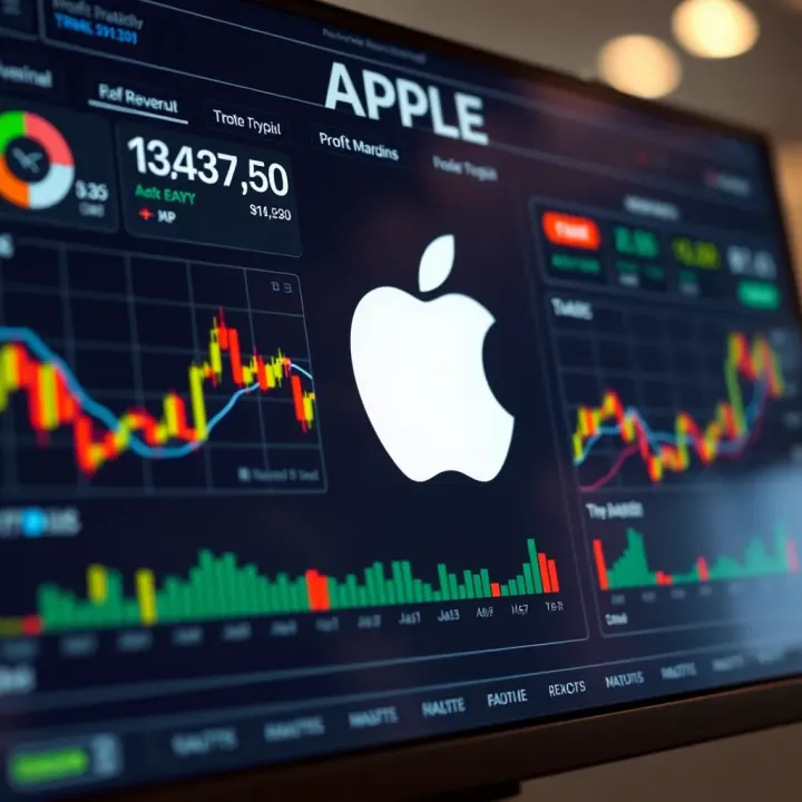 Financial dashboard displaying key Apple metrics including revenue, profit margins, and stock volatility