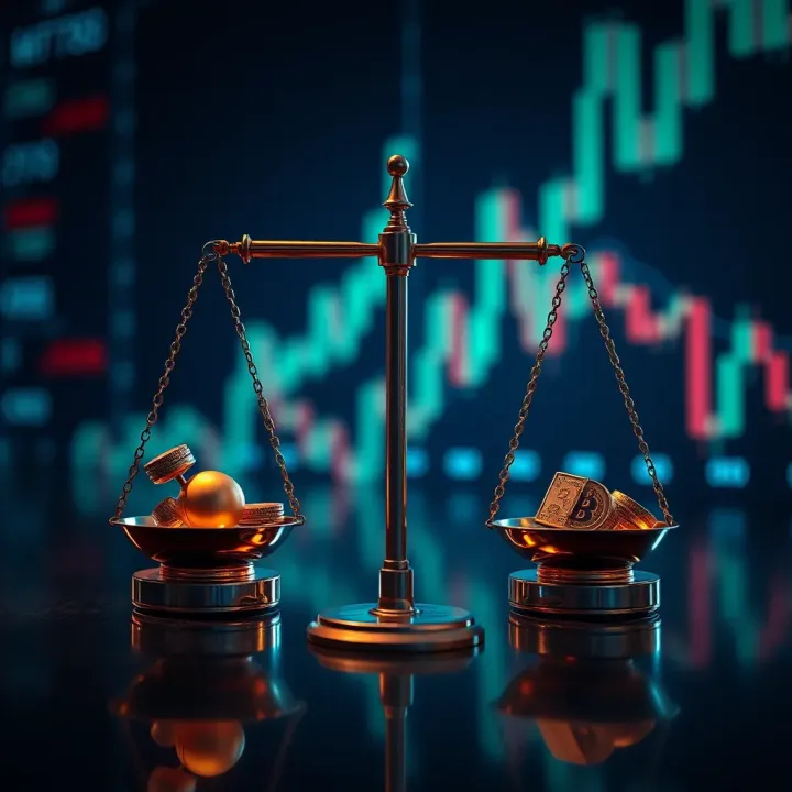 Illustration of risk and reward concept with balanced scales and financial symbols