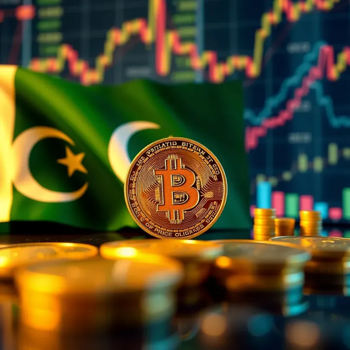 Impact of Global and Pakistani Factors on Bitcoin Volatility Digital illustration of cryptocurrency symbols with Pakistani flag and global financial icons