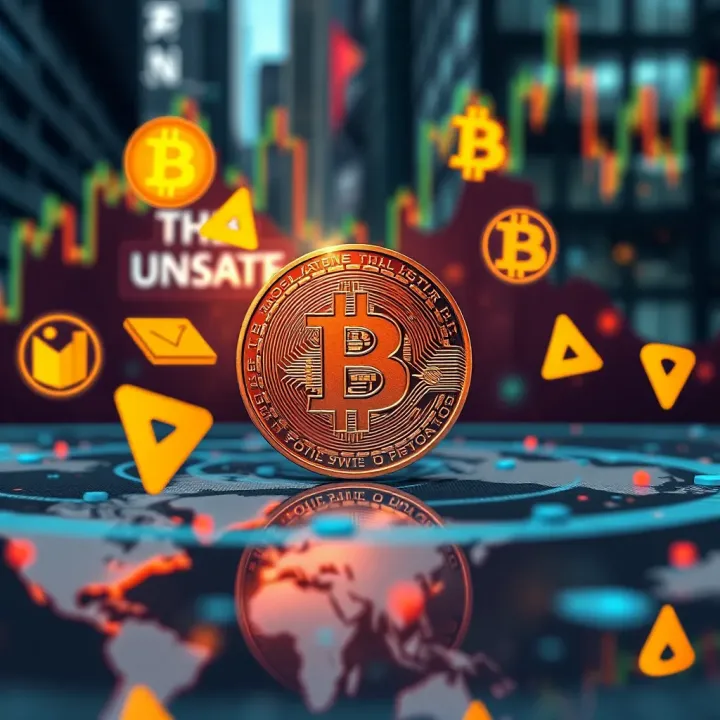 Impact of Regulations and Global Events on Bitcoin Market Illustration of a digital bitcoin surrounded by symbols representing regulations and global events