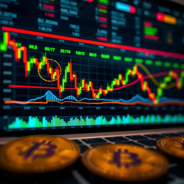 Graph showing Bitcoin price fluctuations and trend lines in a financial market setting