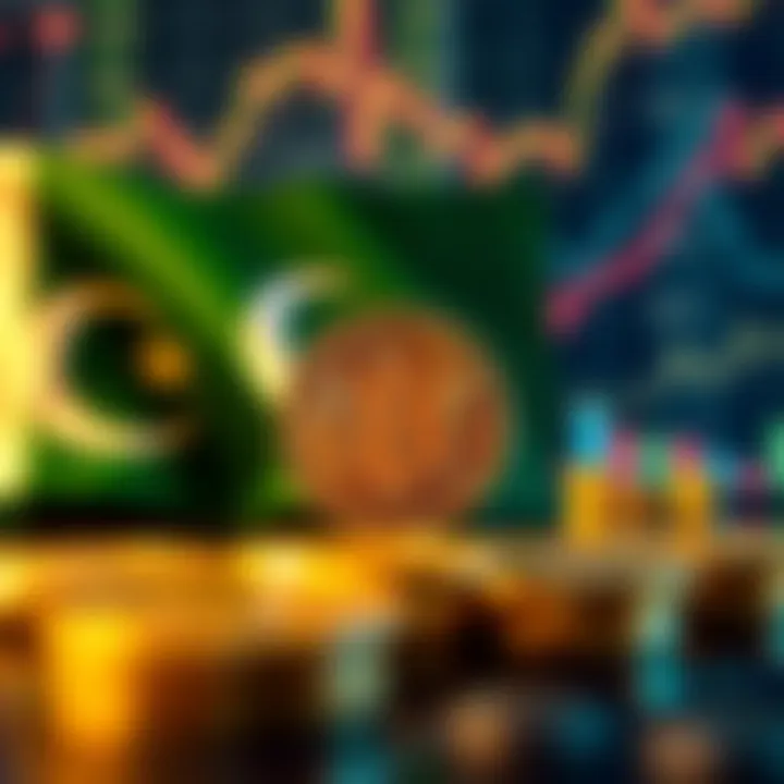 Impact of Global and Pakistani Factors on Bitcoin Volatility Digital illustration of cryptocurrency symbols with Pakistani flag and global financial icons