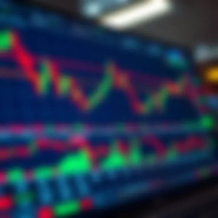 Graphical representation of forex trading platform interface with candlestick charts and currency pairs
