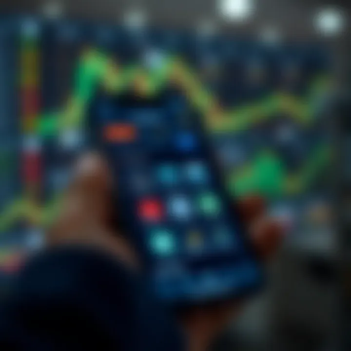 User interface displaying various trading app features on smartphone screen