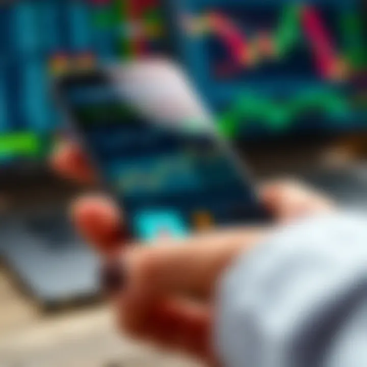 Mobile phone displaying various trading app interfaces with charts and stock data