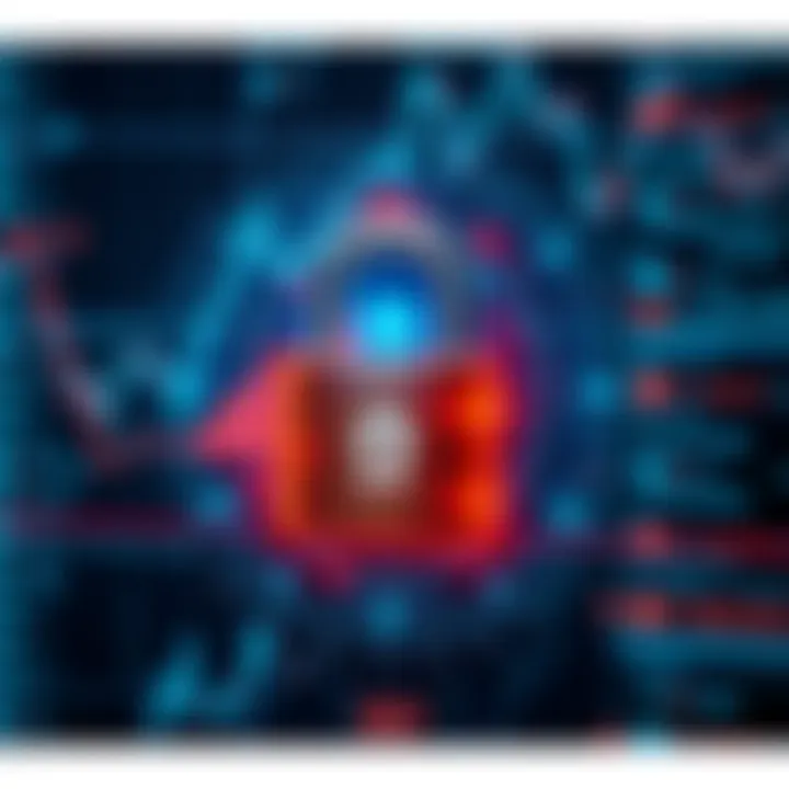 Secure transaction concept featuring digital padlock and financial data streams