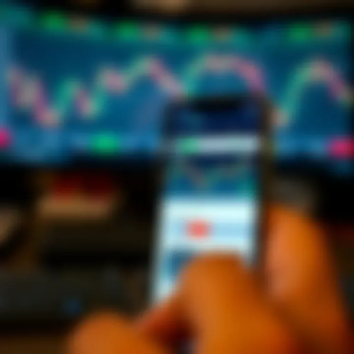 Mobile phone screen displaying trading app interface with charts and market data