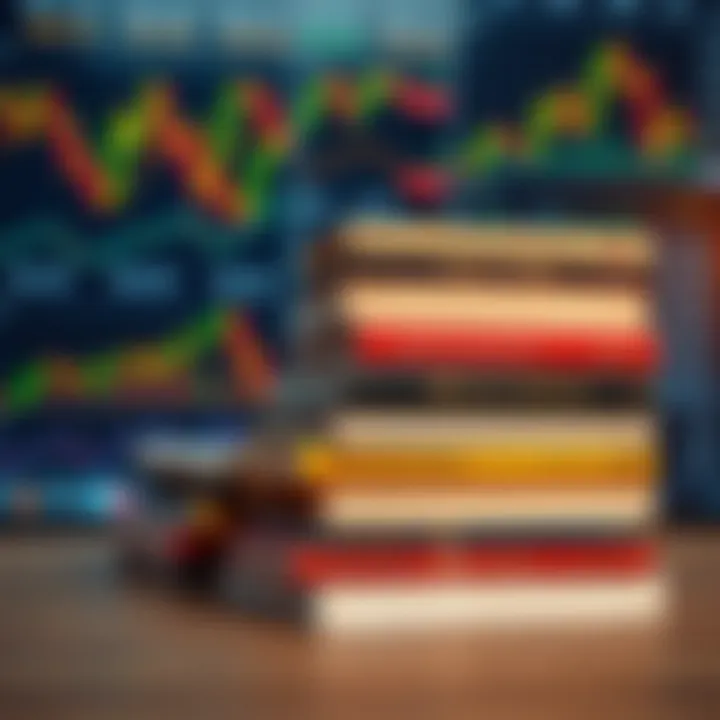 Collection of trading books stacked with financial charts and graphs in the background