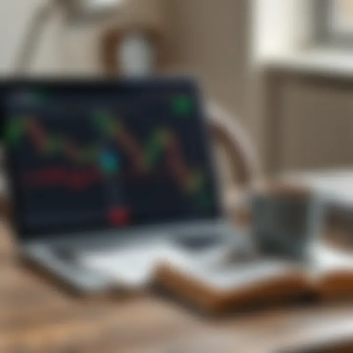 Open laptop displaying digital trading book alongside notes and a cup of coffee