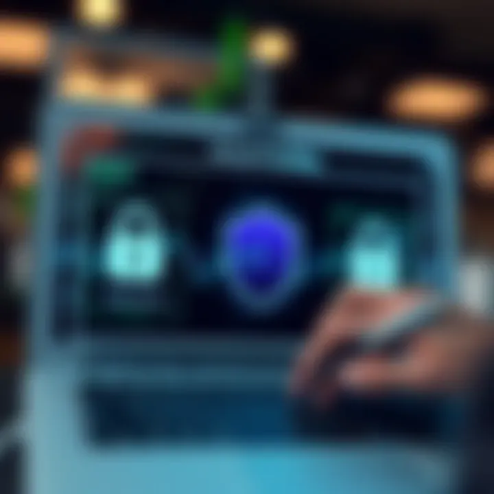 Graphic depicting secure online transaction with digital security icons and currency symbols