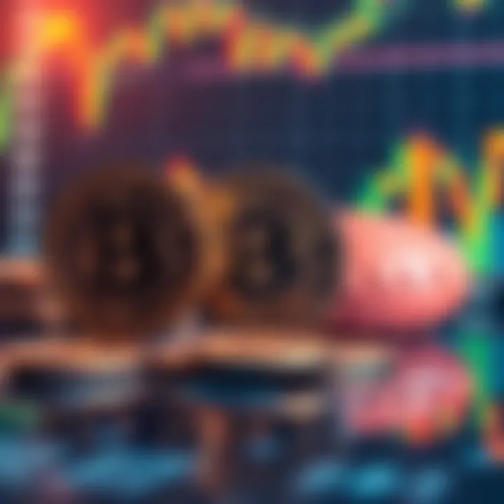 Cryptocurrency icons representing various digital currencies with a backdrop of a financial chart