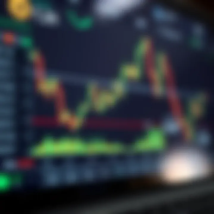 Graph showing cryptocurrency price trends and trading volume on a digital interface