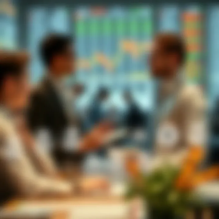 Illustration of various financial market participants interacting with order types and trading jargon icons