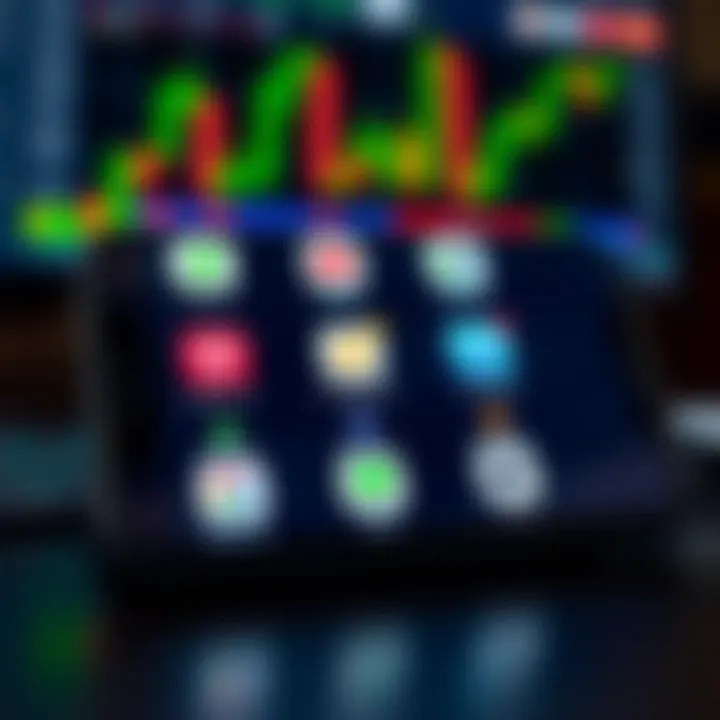 Mobile device displaying various global trading app icons and financial charts