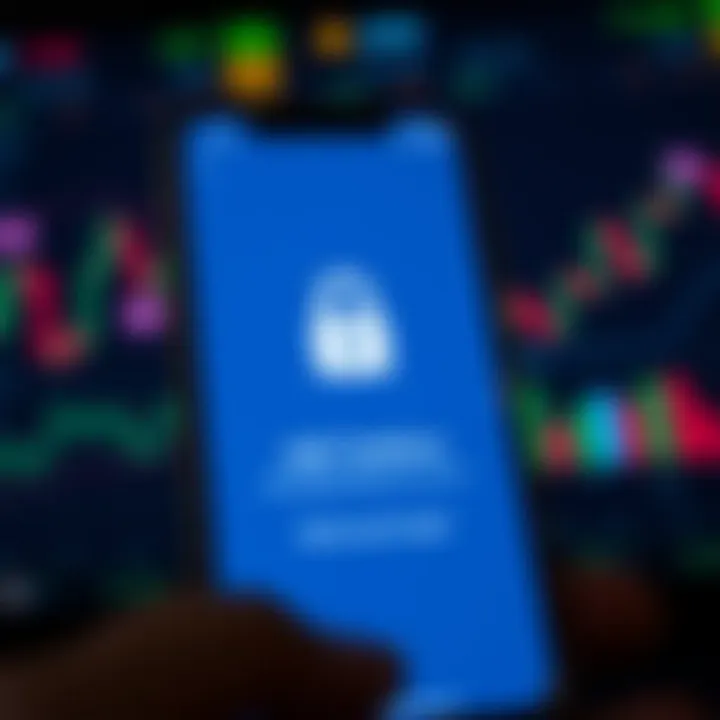 Secure Access to Trading Platforms for Safe Financial Activities Smartphone showing a secure login screen for a trading application with financial graphs in the background