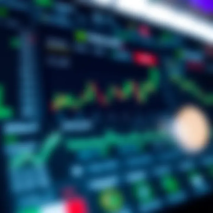 User interface of a mobile trading application showing stock market charts and virtual currency balances