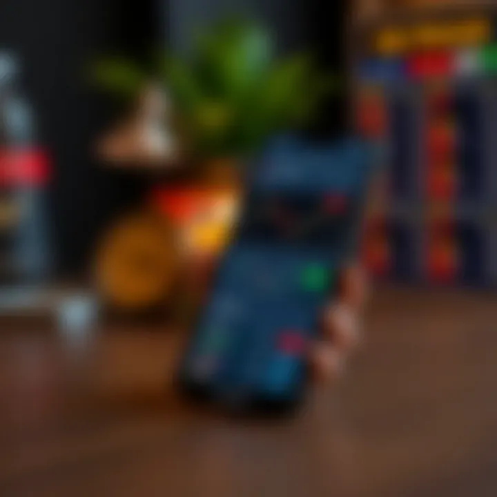 Mobile phone displaying various trading app features with stock charts and financial data