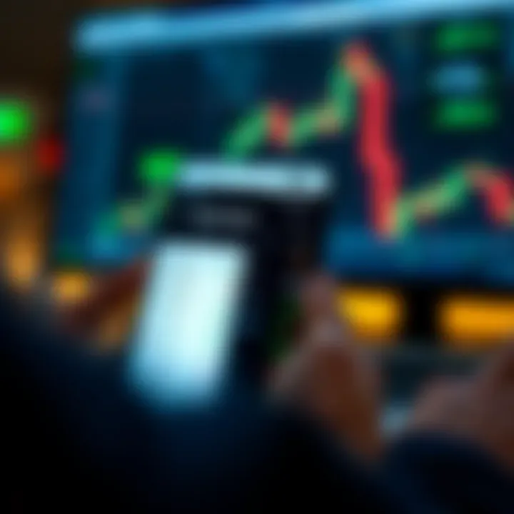 Mobile phone displaying Quotex app interface with trading charts and options visible