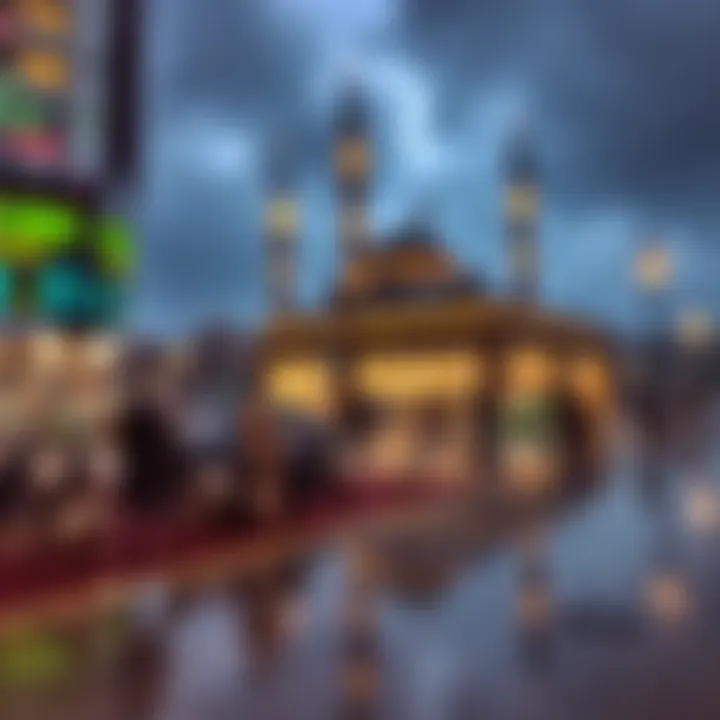 Halal Trading Practices within Islamic Guidelines in Pakistan Illustration of trading market with mosques and Islamic symbols reflecting halal trading environment in Pakistan