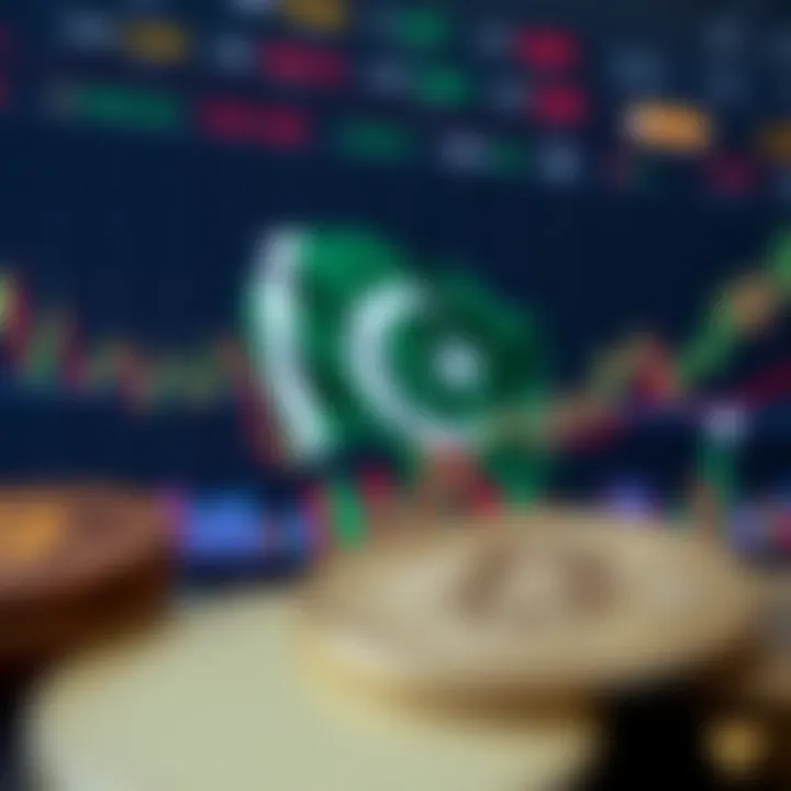 Digital representation of cryptocurrency trading charts and Pakistan flag