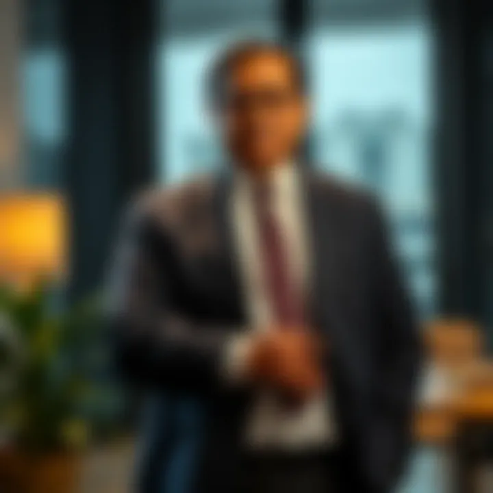Radhakishan Damani standing confidently in a modern office setting symbolizing strategic business leadership