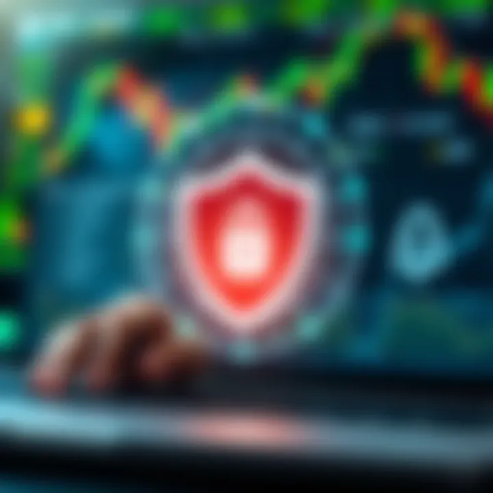 Conceptual illustration of secure online trading with shield and data protection symbols