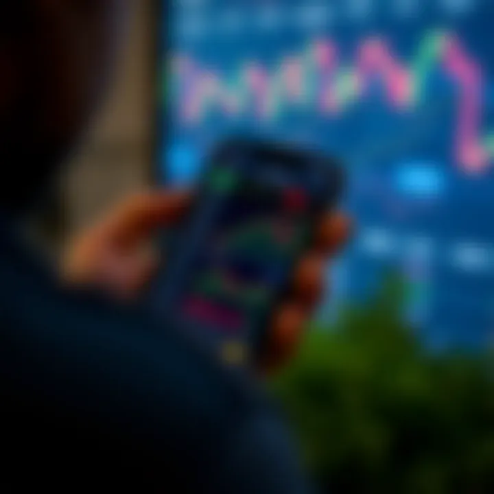 Mobile phone screen showing trading app dashboard with charts and indicators