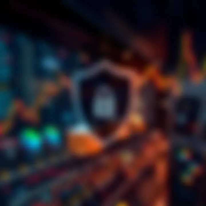 Secure digital shield icon overlaying financial symbols representing app security and regulation