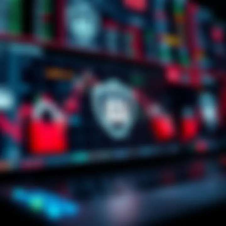 Secure online trading environment with digital locks and shields representing security measures