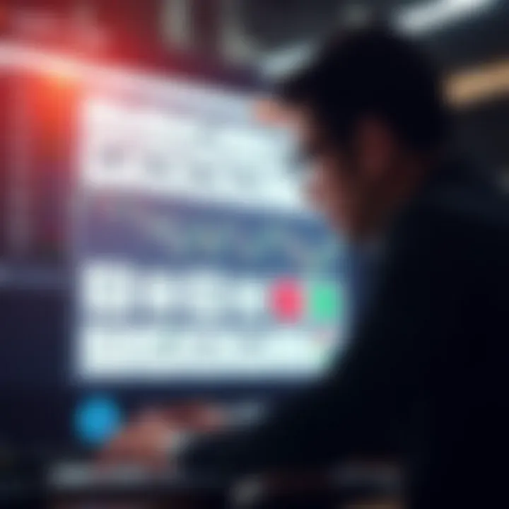 Illustration of a person analyzing trading strategies on a digital platform with icons representing risks and benefits