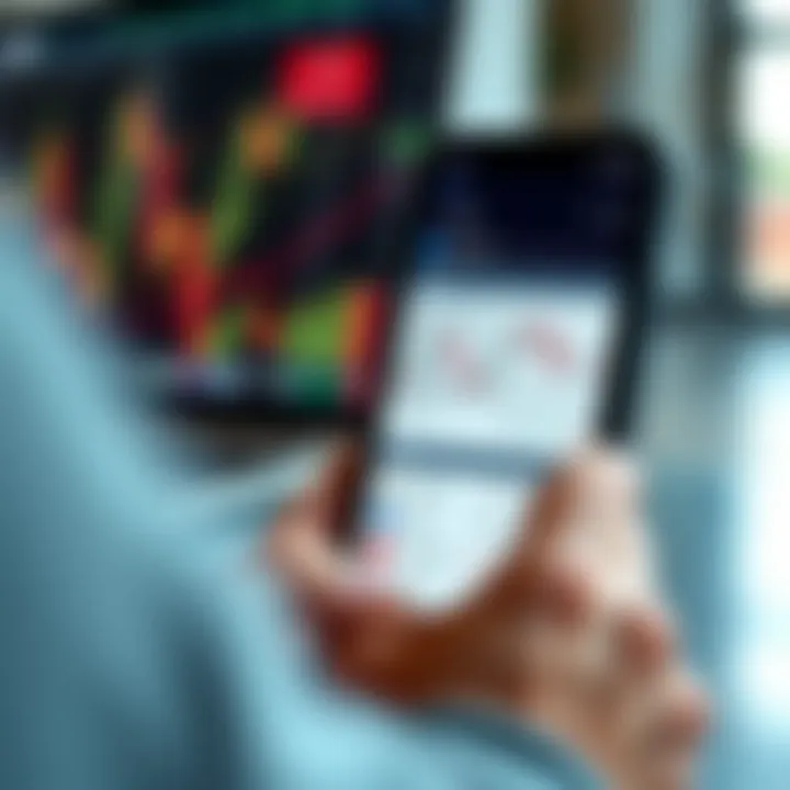 Smartphone screen displaying a binary trading app interface with charts and asset options