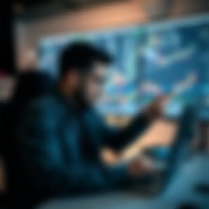 Illustration of a trader analyzing charts and balancing risk and reward in demo trading environment