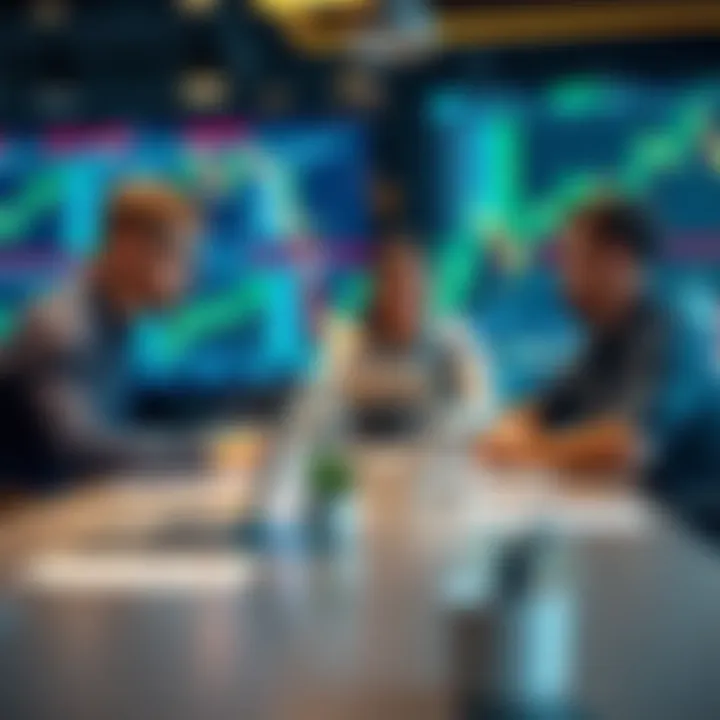 Startup founders discussing investment strategies around a table with digital financial charts in the background