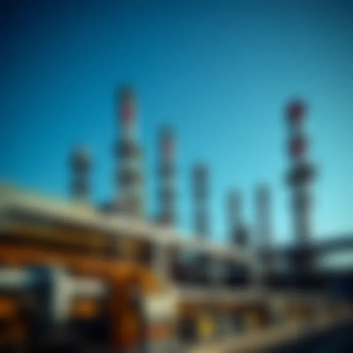 Oil refinery with pipes and towers under a blue sky representing industrial fuel production
