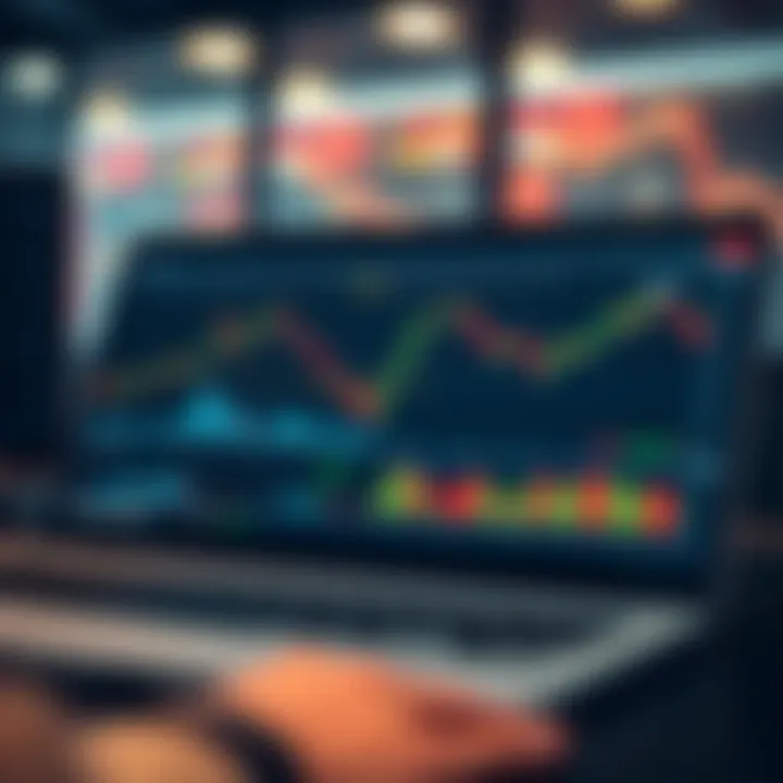 Digital interface showing simulated stock market trading charts and virtual portfolio performance