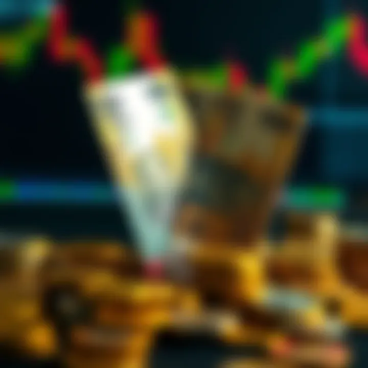 Visual Representation of Forex Trading Deposit Requirements Illustration showing various currency notes and coins symbolizing forex trading deposits