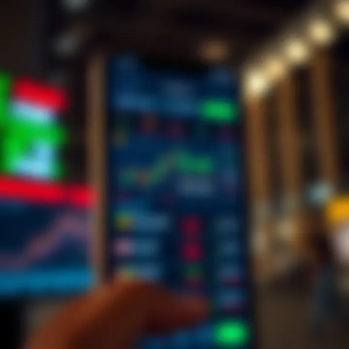 User interface of a mobile trading application displaying stock prices and various trading options