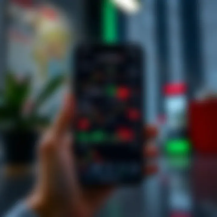 Mobile phone displaying various stock charts and trading data in a modern financial app