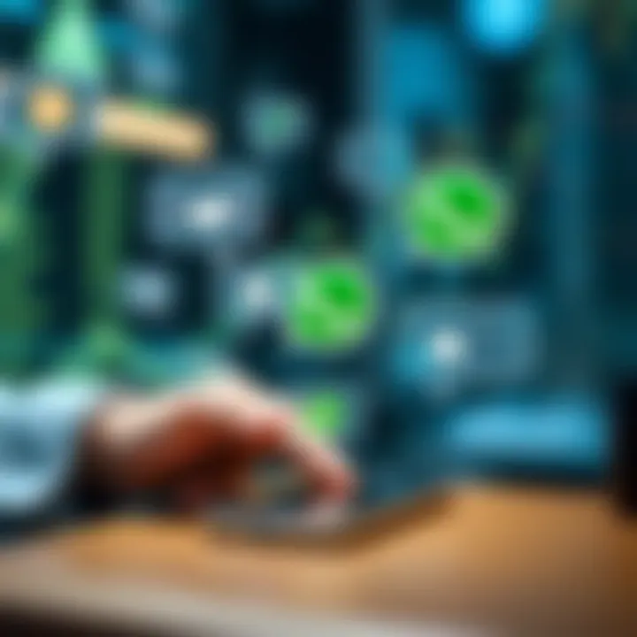 Conceptual illustration of communication bubbles with financial icons connected to a mobile device