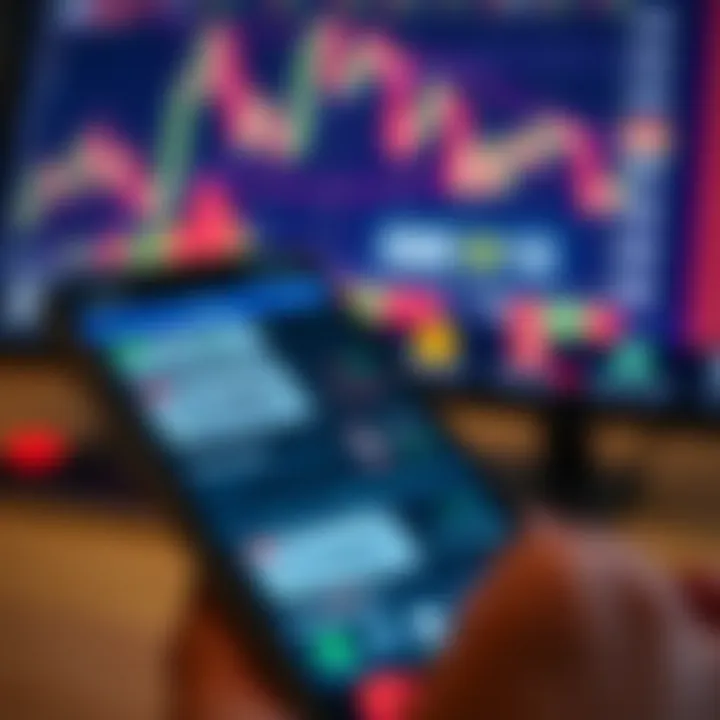Smartphone showing trading charts and signal notifications on screen