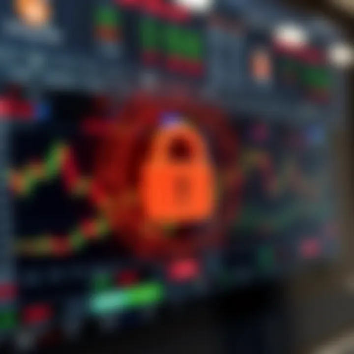 Secure online trading environment with digital security icons and a lock symbol overlay
