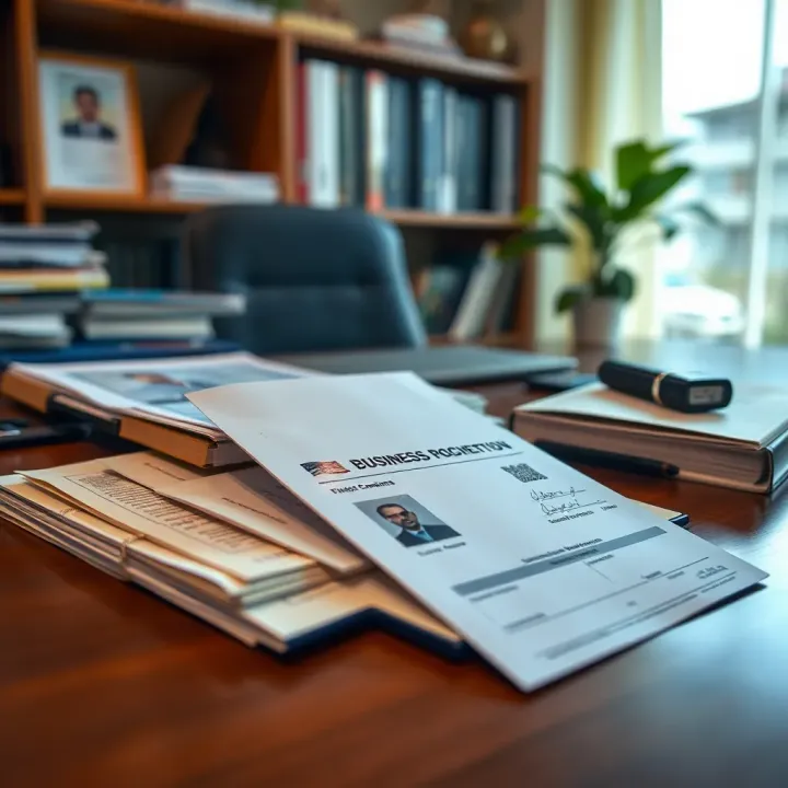 Official business registration documents and identification cards arranged on office desk