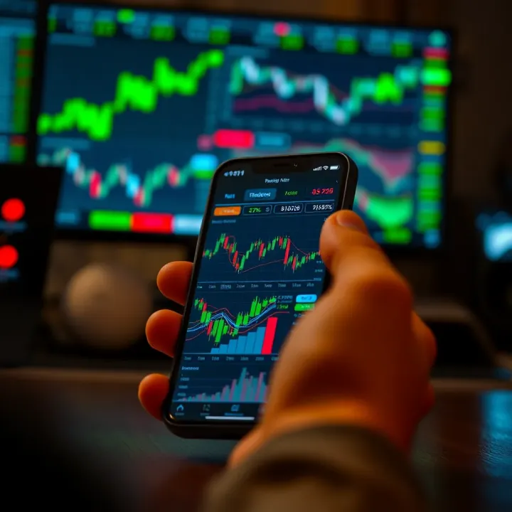 Smartphone screen displaying various online trading app charts and data