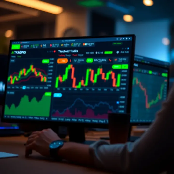 User interface showing various trading platform features such as charts, indicators, and order types