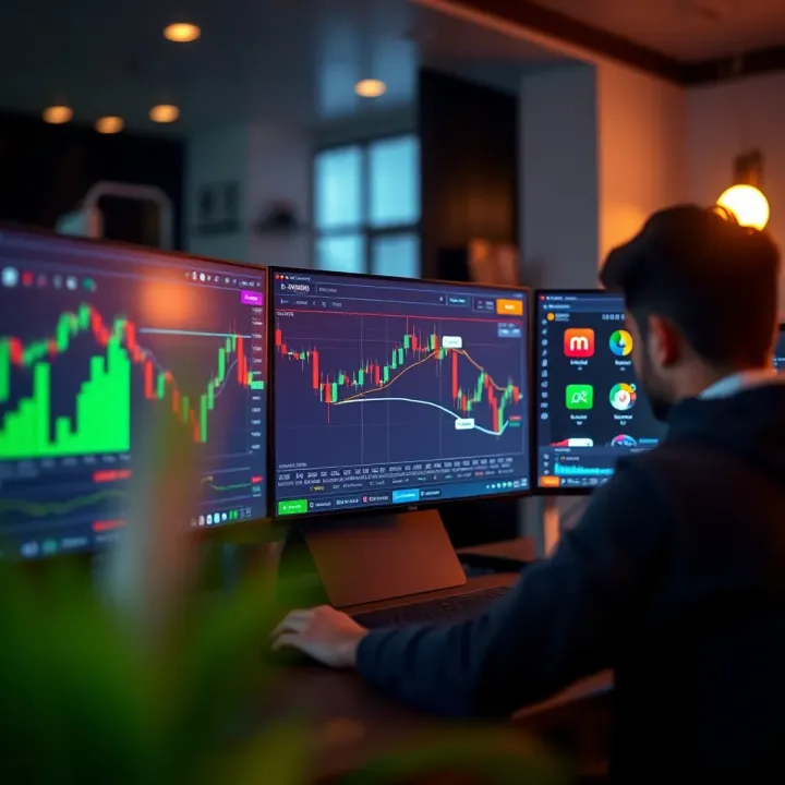 User exploring various trading platforms on a computer screen with charts and asset options visible