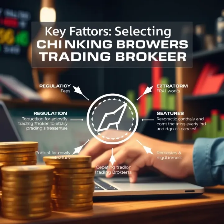 Graphic showing key factors for selecting a reliable trading broker such as regulation, fees, and platform features