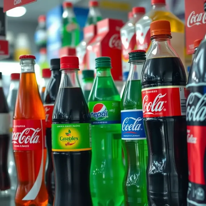 Beverage bottles from top global brands competing with Coca Cola on shelves