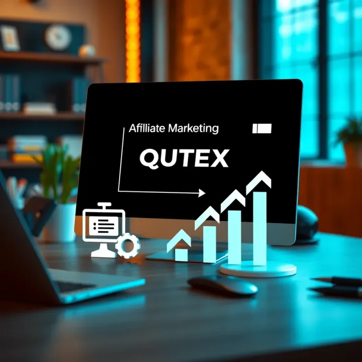 Registration and Promotion Strategies for Quotex Affiliate Program Graphic depicting the registration and promotion strategy for Quotex affiliate program with icons of a computer, marketing tools, and growth arrows
